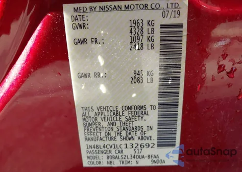 2020 Nissan Altima Sr Fwd z USA, uszkodzony, nr VIN 1N4BL4CV1LC132692